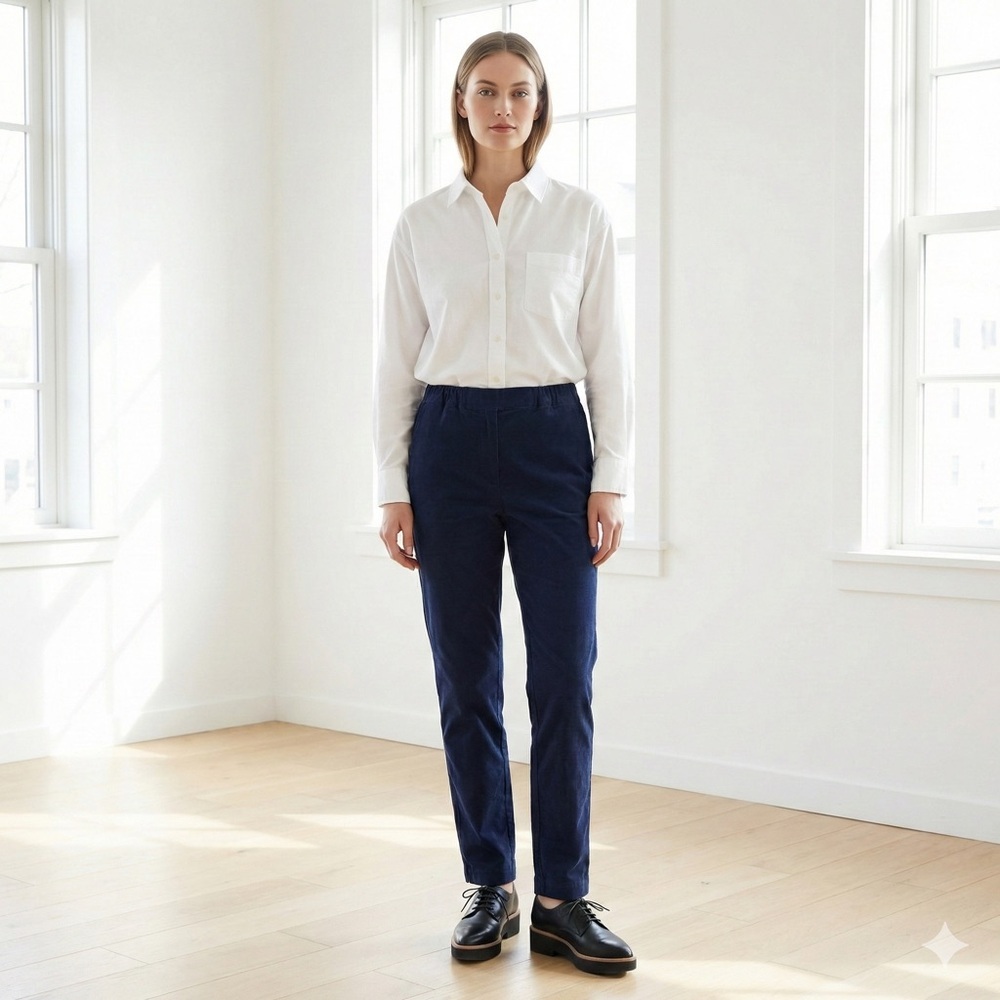 OSKA Navy Blue Fine Corduroy Elastic Waist Tapered Trousers - Size 0 (US 4-6)